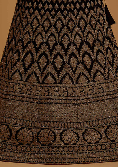 Brown Stonework Velvet Designer Semi-Stitched Lehenga - koskii