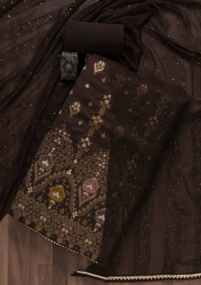 Brown Soft Silk Swarovski Unstitched Salwar Suit-Koskii