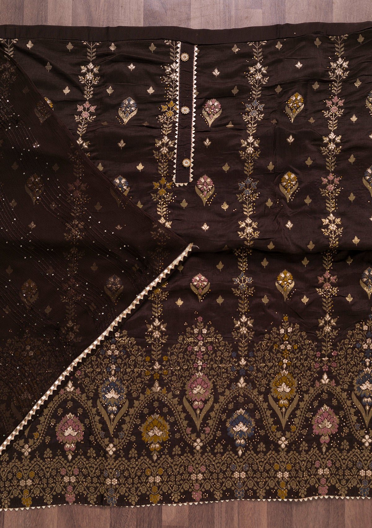 Brown Soft Silk Swarovski Unstitched Salwar Suit-Koskii