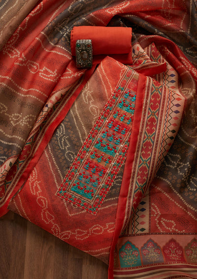 Brown Threadwork Chanderi Unstitched Salwar Suit- Koskii