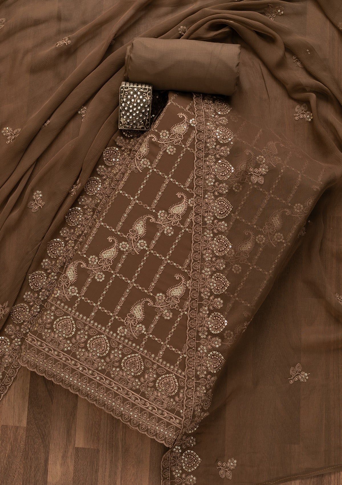 Brown Threadwork Georgette Unstitched Salwar Suit-Koskii