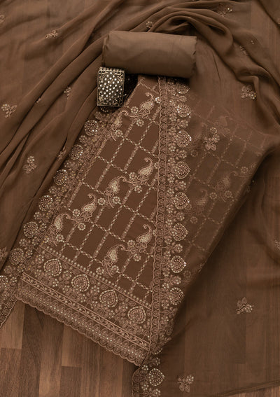 Brown Threadwork Georgette Unstitched Salwar Suit-Koskii