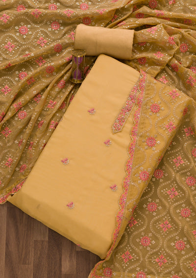 Brown Threadwork Tissue Unstitched Salwar Suit-Koskii