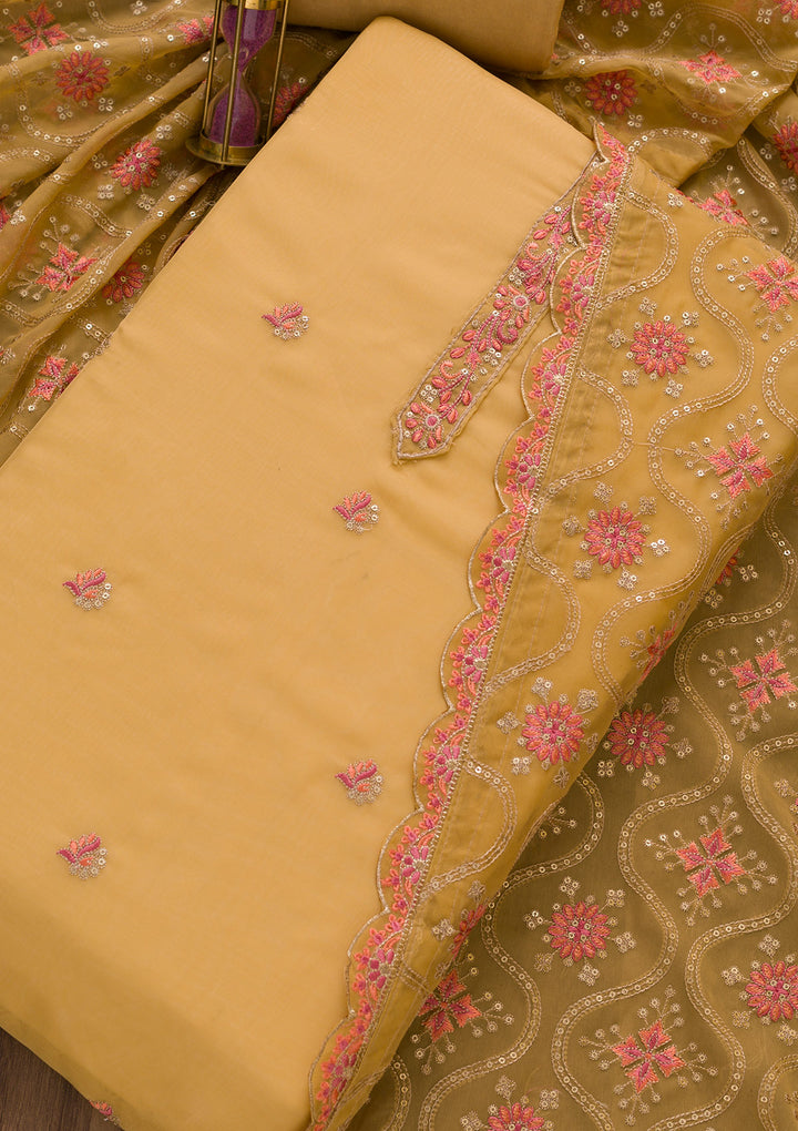 Brown Threadwork Organza Unstitched Salwar Suit-Koskii