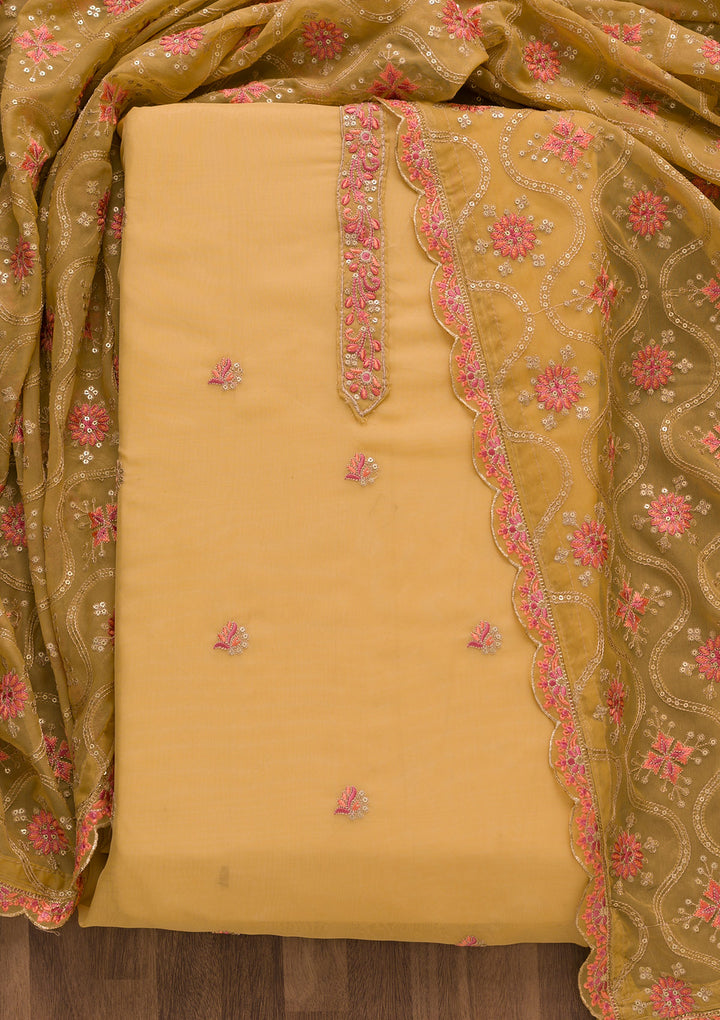 Brown Threadwork Organza Unstitched Salwar Suit-Koskii