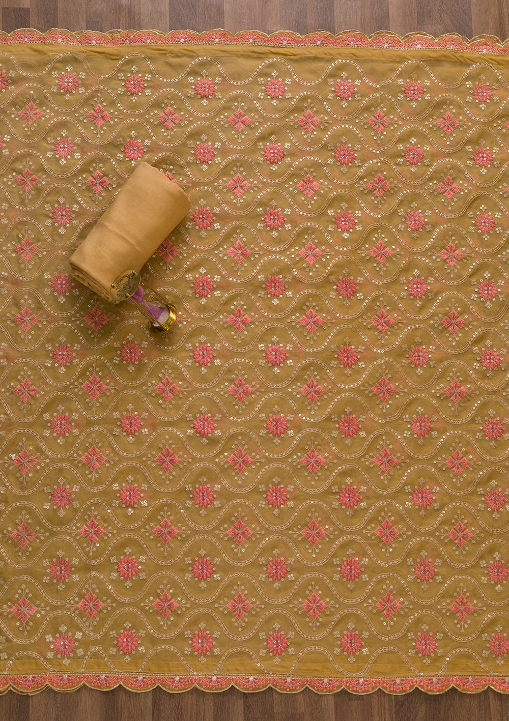 Brown Threadwork Organza Unstitched Salwar Suit-Koskii