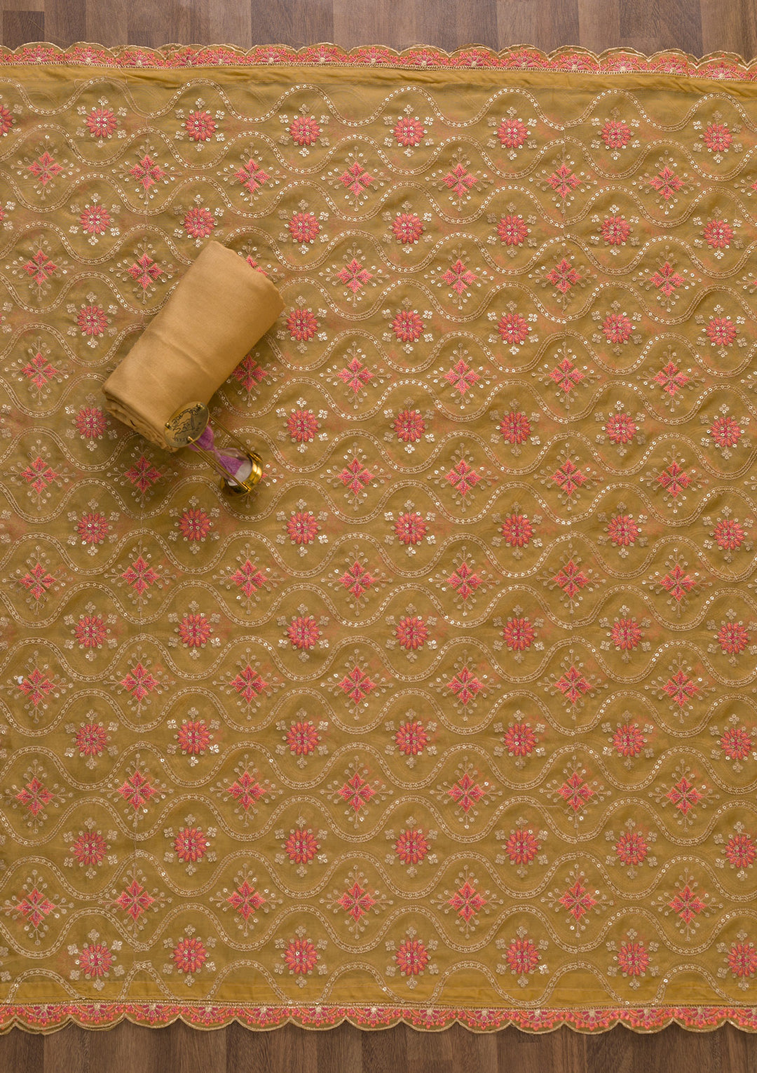 Brown Threadwork Organza Unstitched Salwar Suit-Koskii