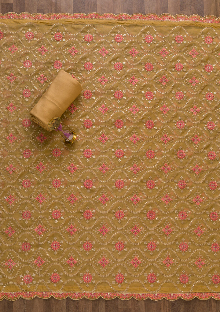 Brown Threadwork Organza Unstitched Salwar Suit-Koskii