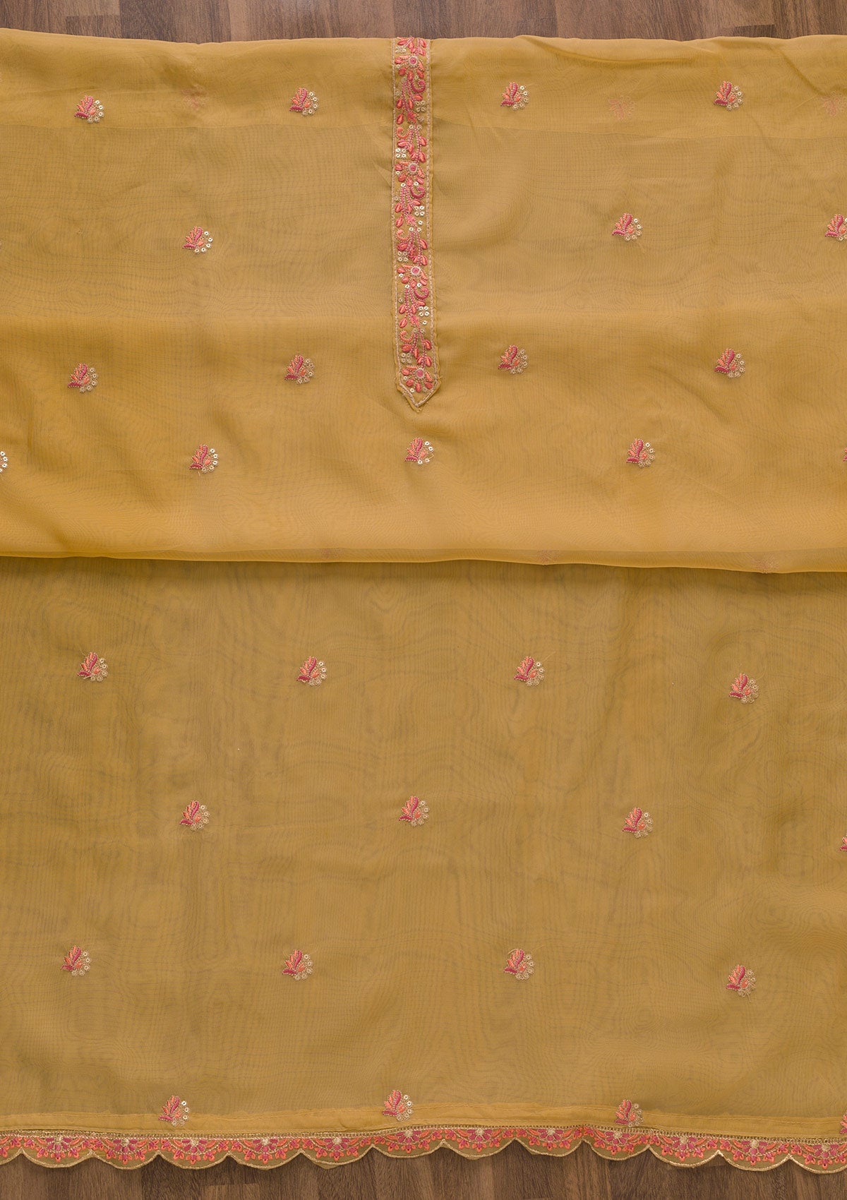 Brown Threadwork Organza Unstitched Salwar Suit-Koskii