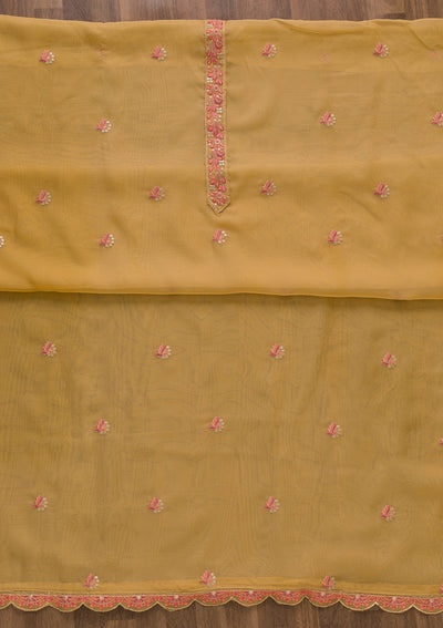 Brown Threadwork Organza Unstitched Salwar Suit-Koskii