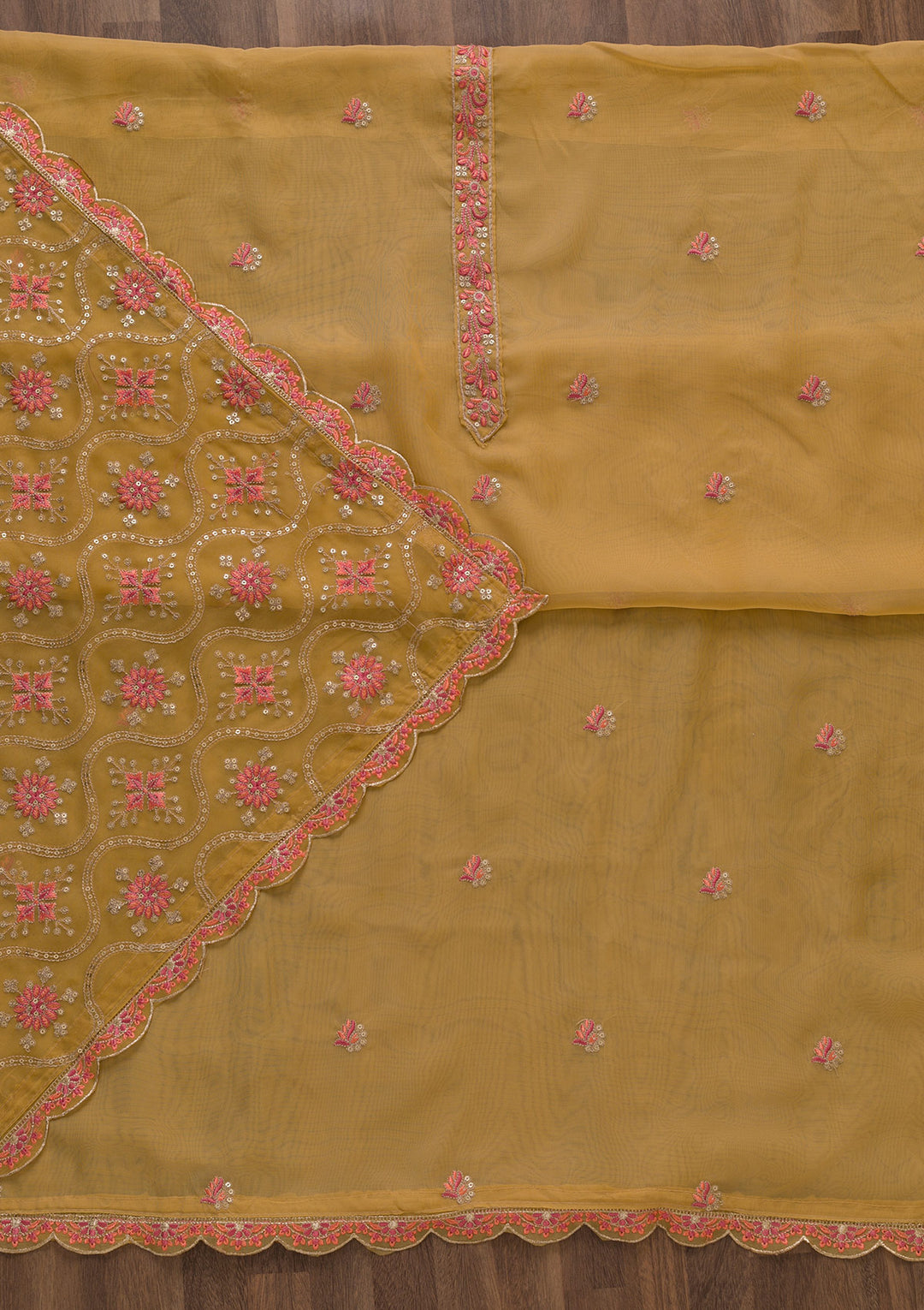 Brown Threadwork Organza Unstitched Salwar Suit-Koskii