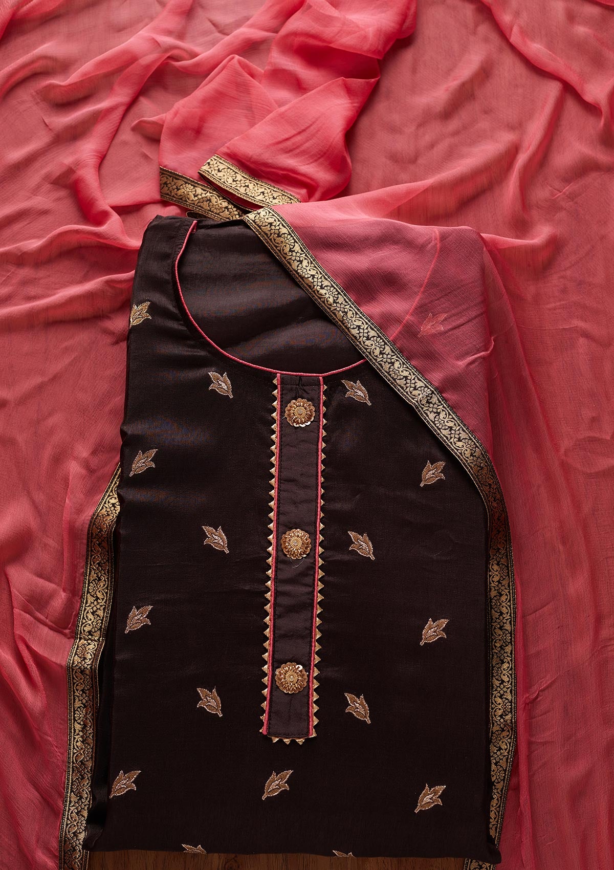 Brown Zariwork Art Silk Designer Semi-Stitched Salwar Suit - koskii