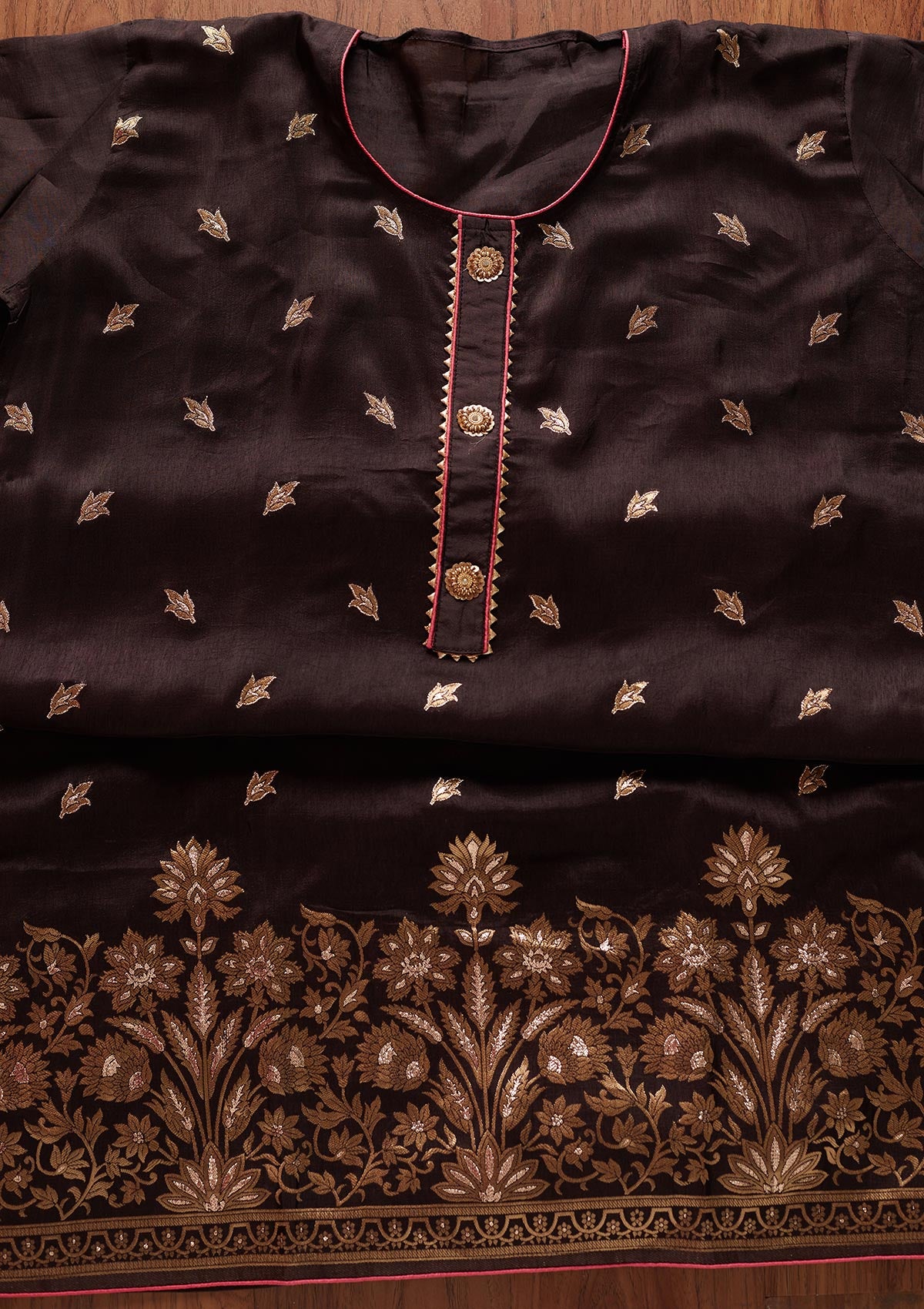 Brown Zariwork Art Silk Designer Semi-Stitched Salwar Suit - koskii