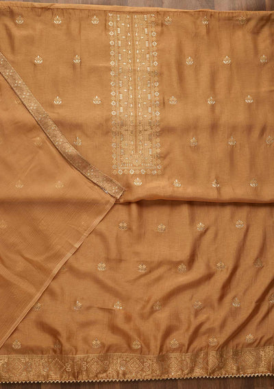 Brown Zariwork Art Silk Unstitched Salwar Suit-Koskii