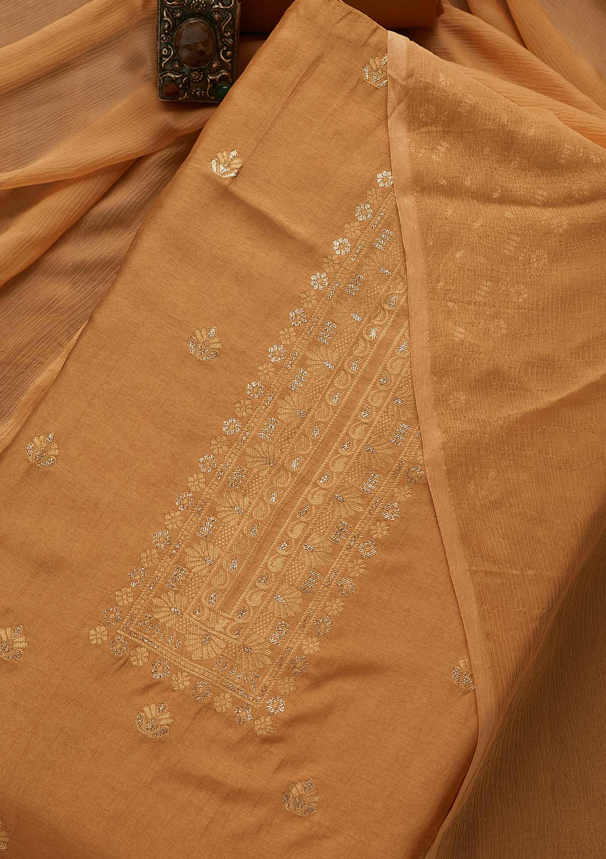 Brown Zariwork Art Silk Unstitched Salwar Suit-Koskii