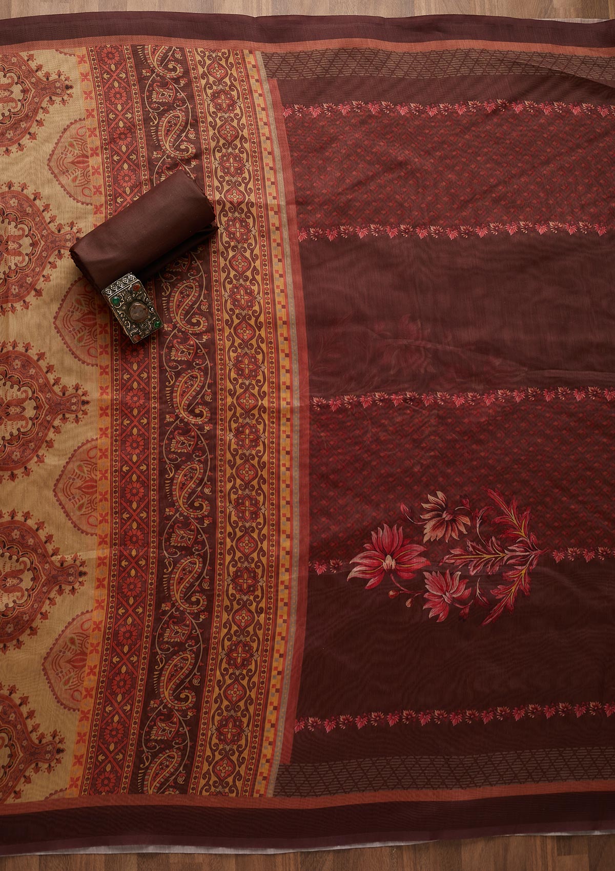 Brown Zariwork Semi Crepe Semi-Stitched Salwar Suit-Koskii