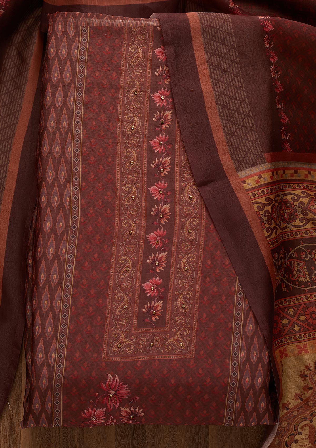 Brown Zariwork Semi Crepe Semi-Stitched Salwar Suit-Koskii
