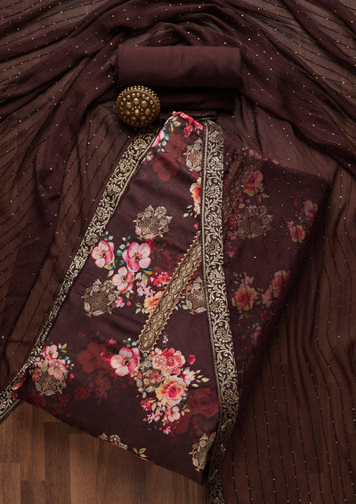 Brown Zariwork Semi Crepe Unstitched Salwar Suit- Koskii