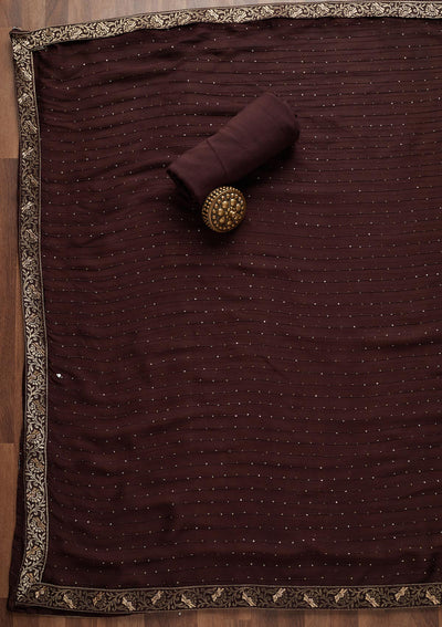 Brown Zariwork Semi Crepe Unstitched Salwar Suit - Koskii