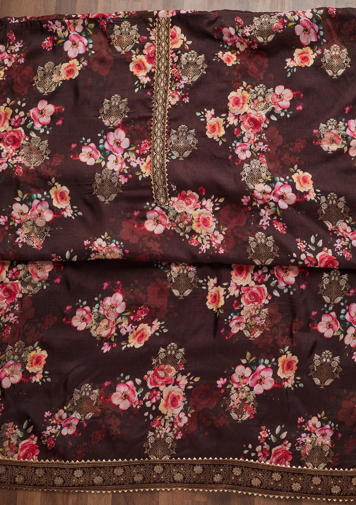 Brown Zariwork Semi Crepe Unstitched Salwar Suit - Koskii