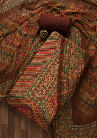 Brown Zariwork Semi Crepe Unstitched Salwar Suit-Koskii