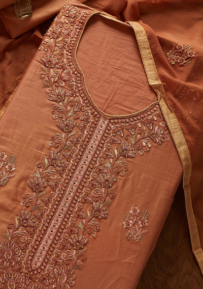 Copper Threadwork Chanderi Designer Unstitched Salwar Suit - koskii