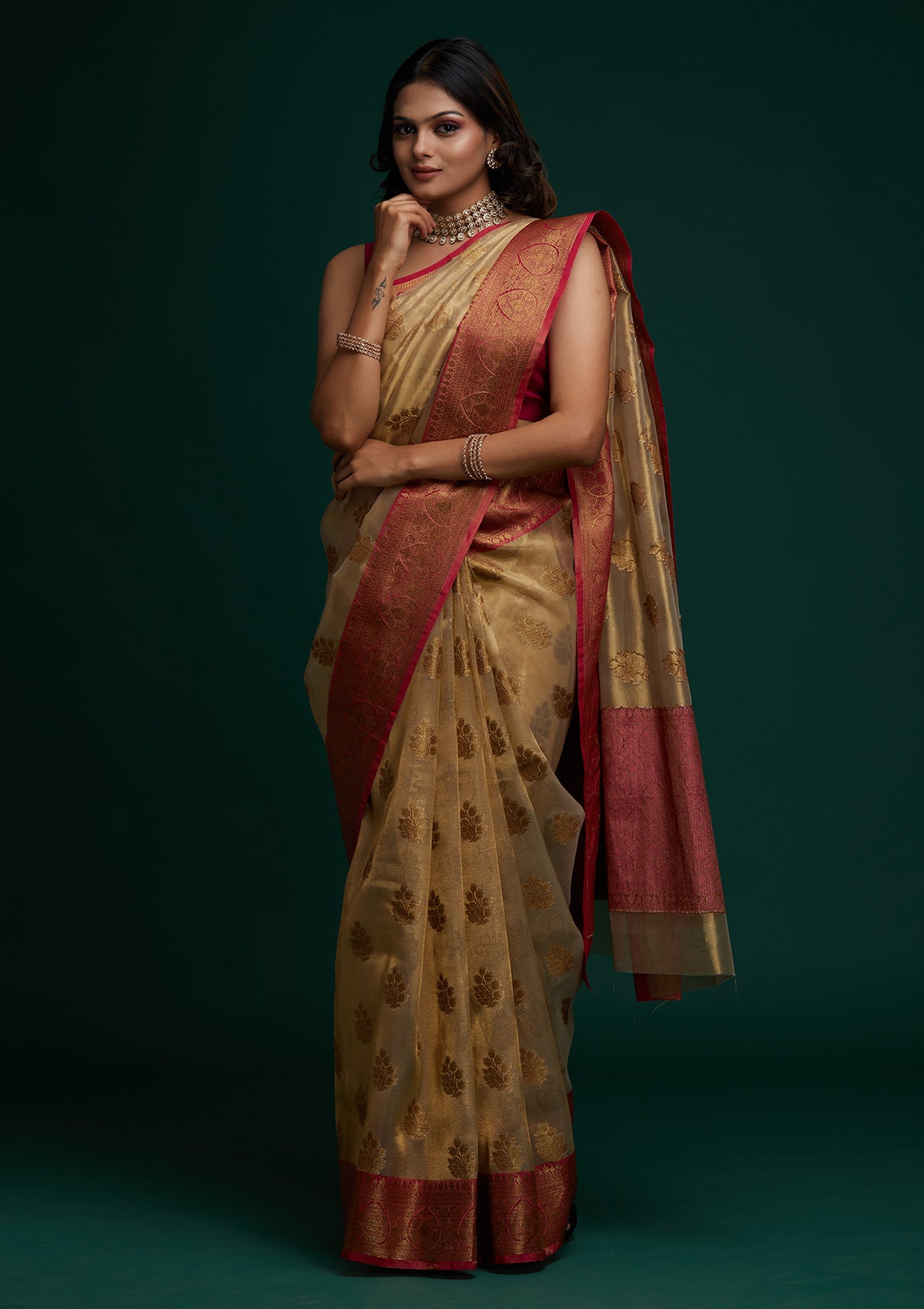 Copper Zariwork Tissue Saree - Koskii