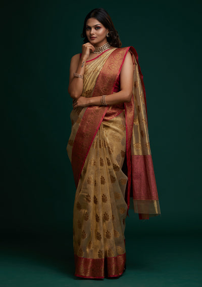 Copper Zariwork Tissue Saree - Koskii