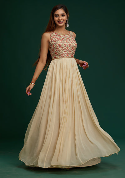 Cream Gotapatti Georgette Designer Anarkali Suit - Koskii