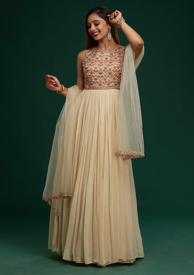 Cream Gotapatti Georgette Designer Anarkali Suit - Koskii