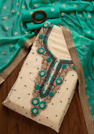 Cream Mirrorwork Chanderi Designer Unstitched Salwar Suit - koskii