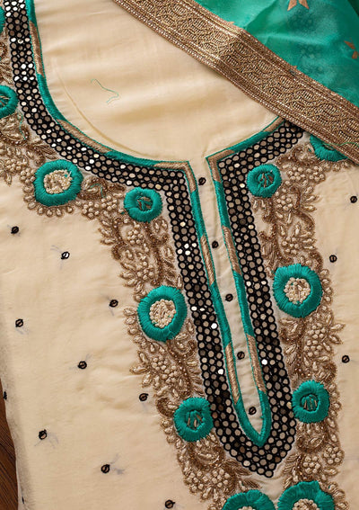 Cream Mirrorwork Chanderi Designer Unstitched Salwar Suit - koskii