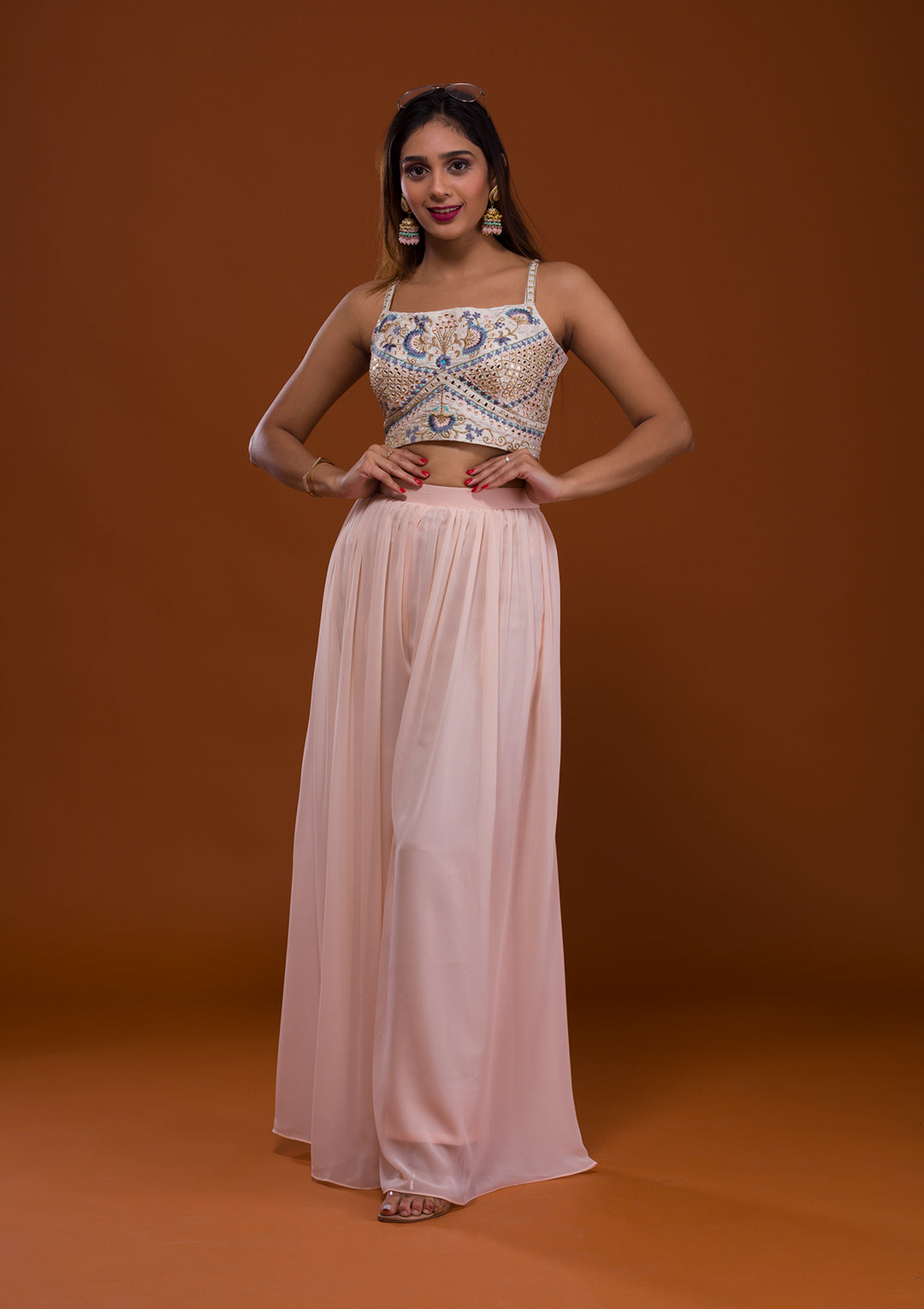 Cream Mirrorwork Georgette Salwar Suit-Koskii
