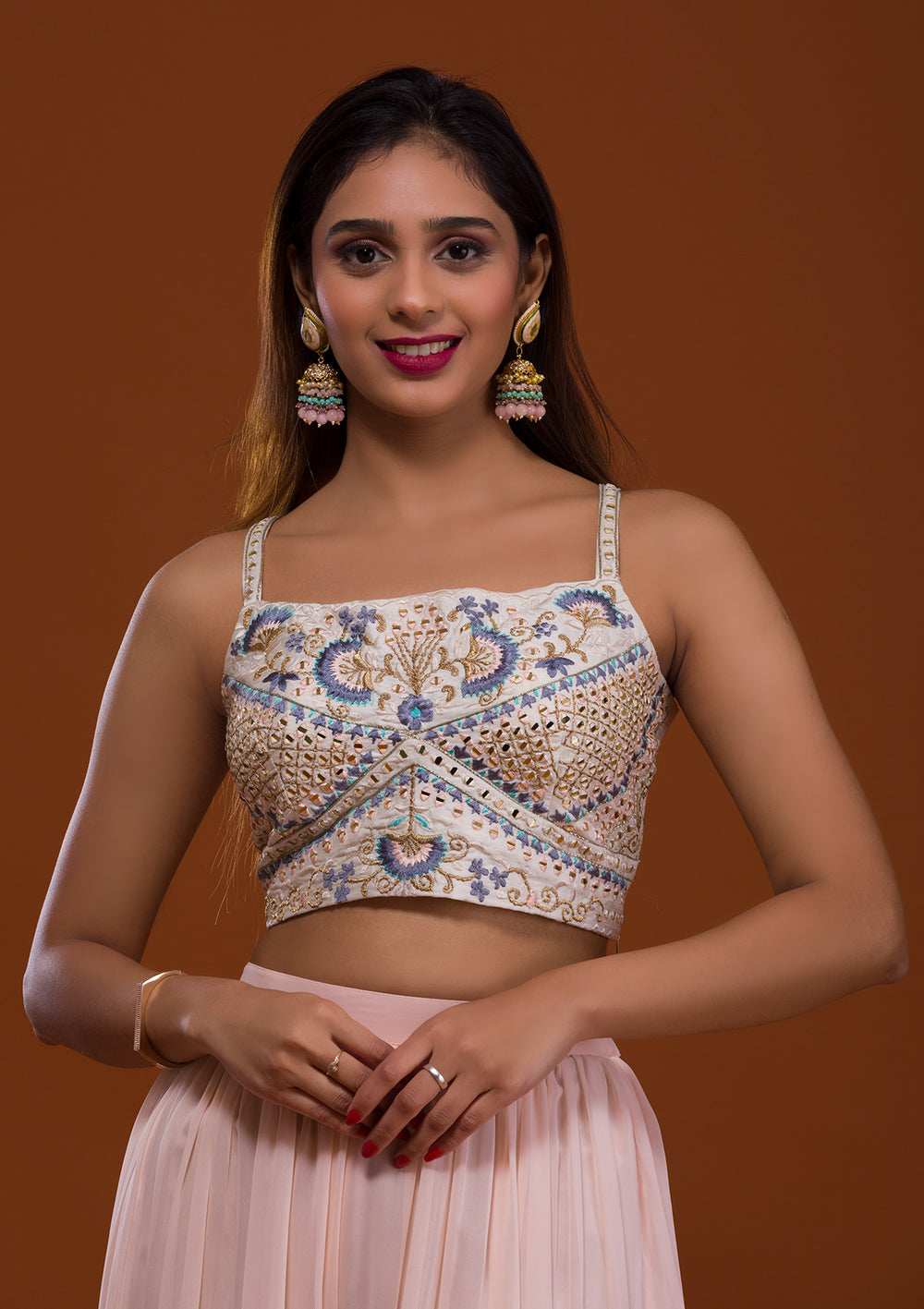 Cream Mirrorwork Georgette Salwar Suit-Koskii