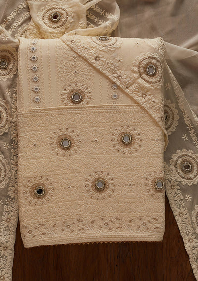 Cream Mirrorwork Georgette Designer Unstitched Salwar Suit - koskii