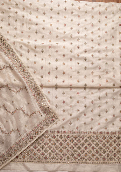 Cream Mirrorwork Raw Silk Designer Unstitched Salwar Suit - koskii