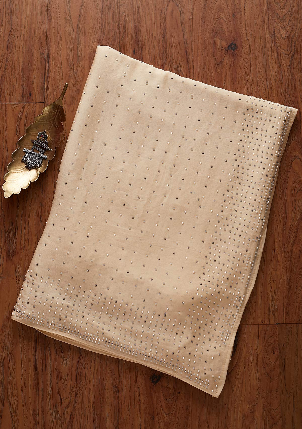 Cream Pearlwork Georgette Designer Saree - koskii
