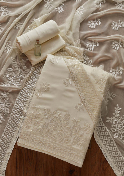 Cream Sequins Georgette Designer Unstitched Salwar Suit - koskii