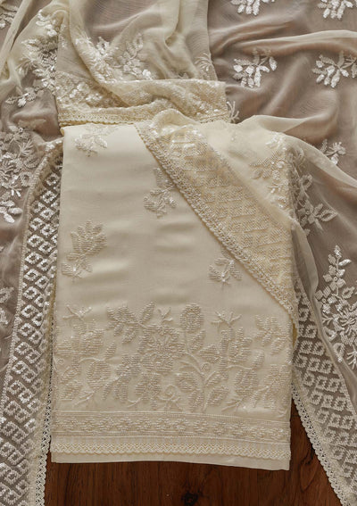Cream Sequins Georgette Designer Unstitched Salwar Suit - koskii