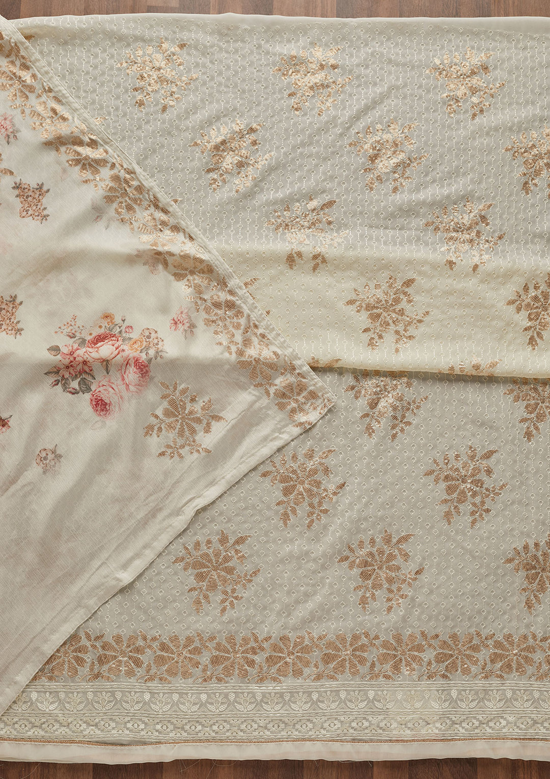 Cream Sequins Georgette Designer Unstitched Salwar Suit - Koskii