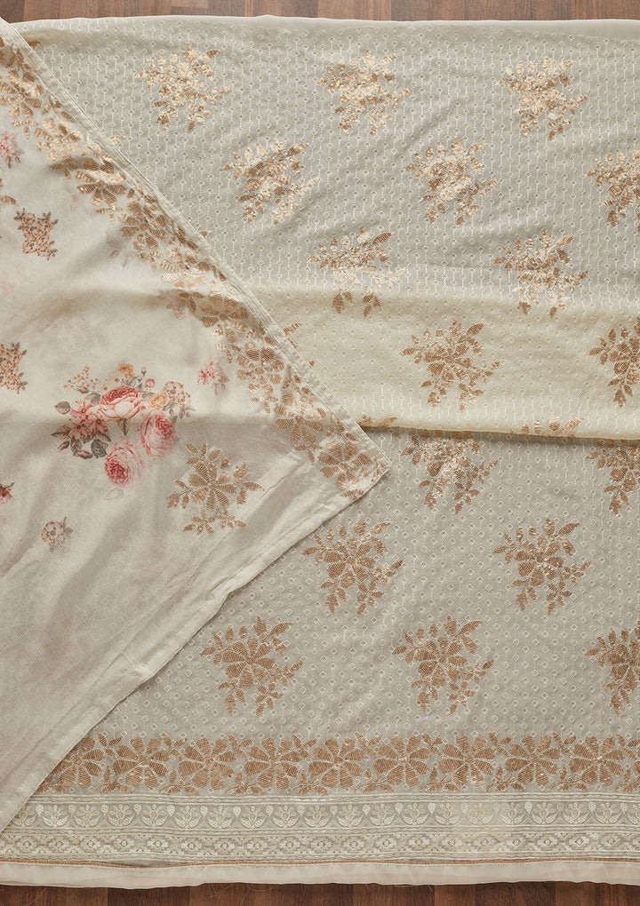 Cream Sequins Georgette Designer Unstitched Salwar Suit - Koskii