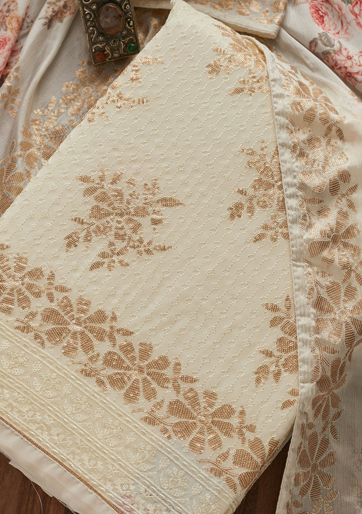 Cream Sequins Georgette Designer Unstitched Salwar Suit - Koskii