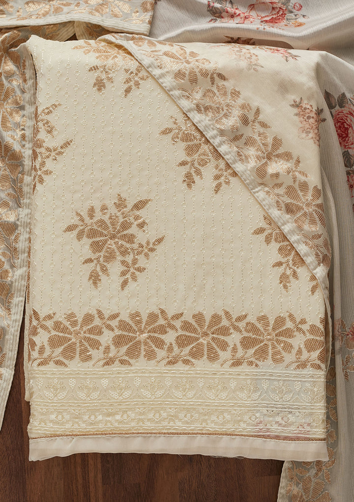 Cream Sequins Georgette Designer Unstitched Salwar Suit - Koskii
