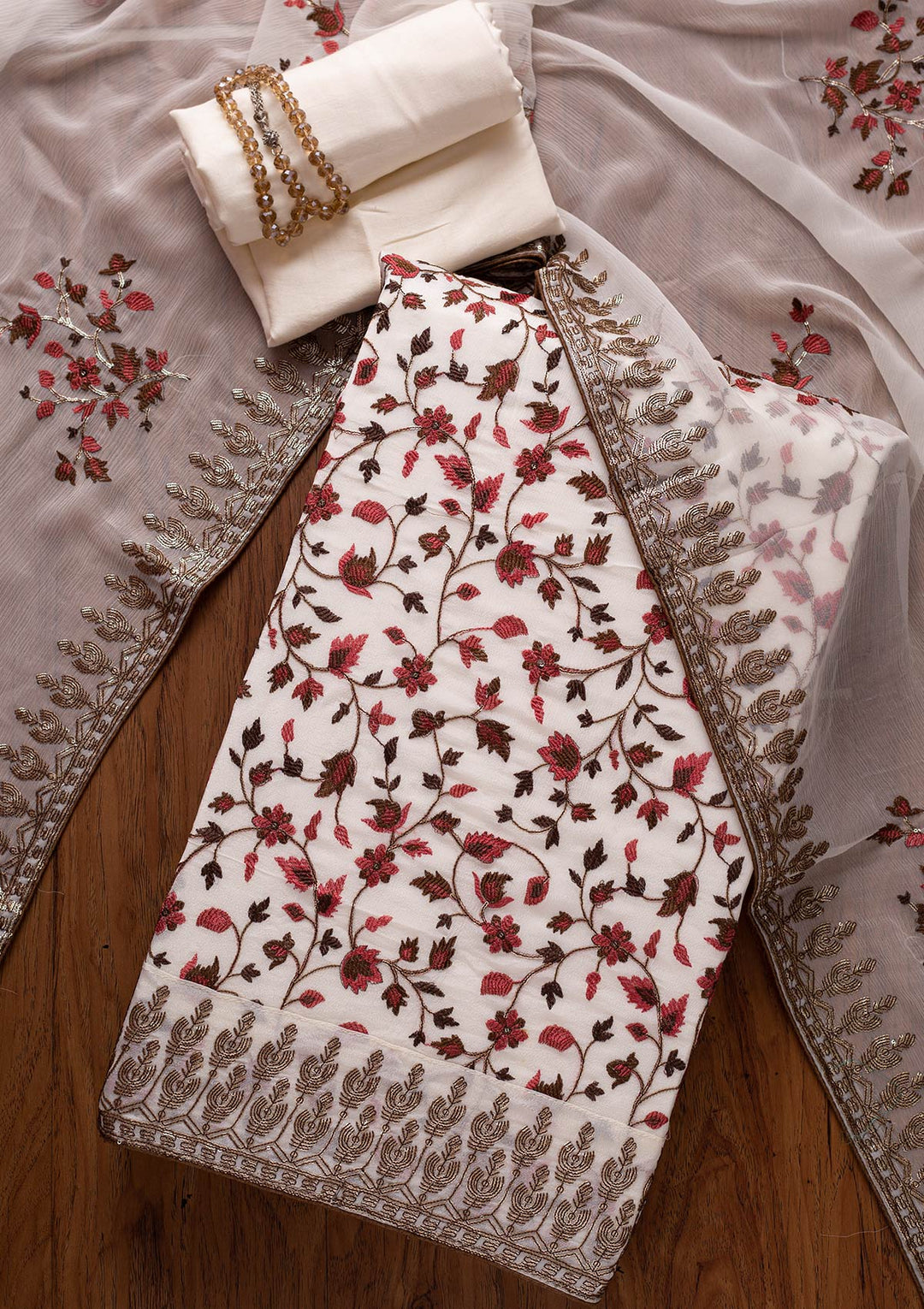 Cream Sequins Semi Crepe Designer Unstitched Salwar Suit - koskii