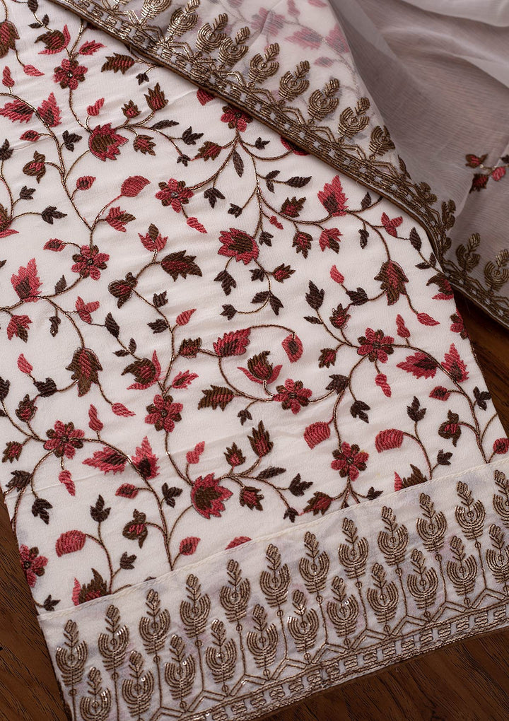 Cream Sequins Semi Crepe Designer Unstitched Salwar Suit - koskii