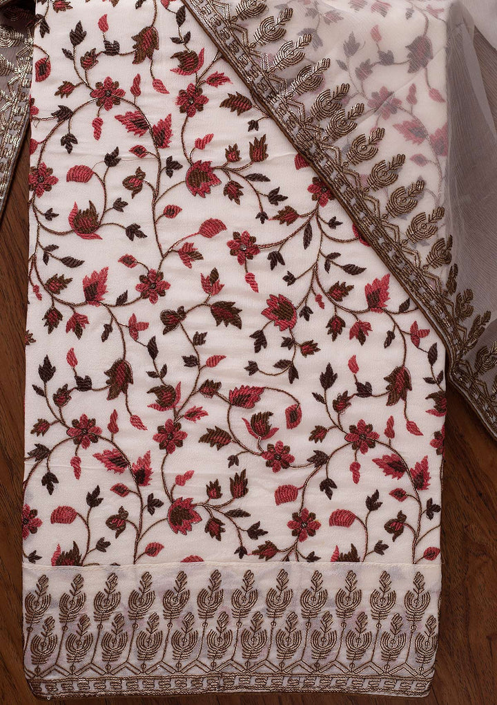 Cream Sequins Semi Crepe Designer Unstitched Salwar Suit - koskii