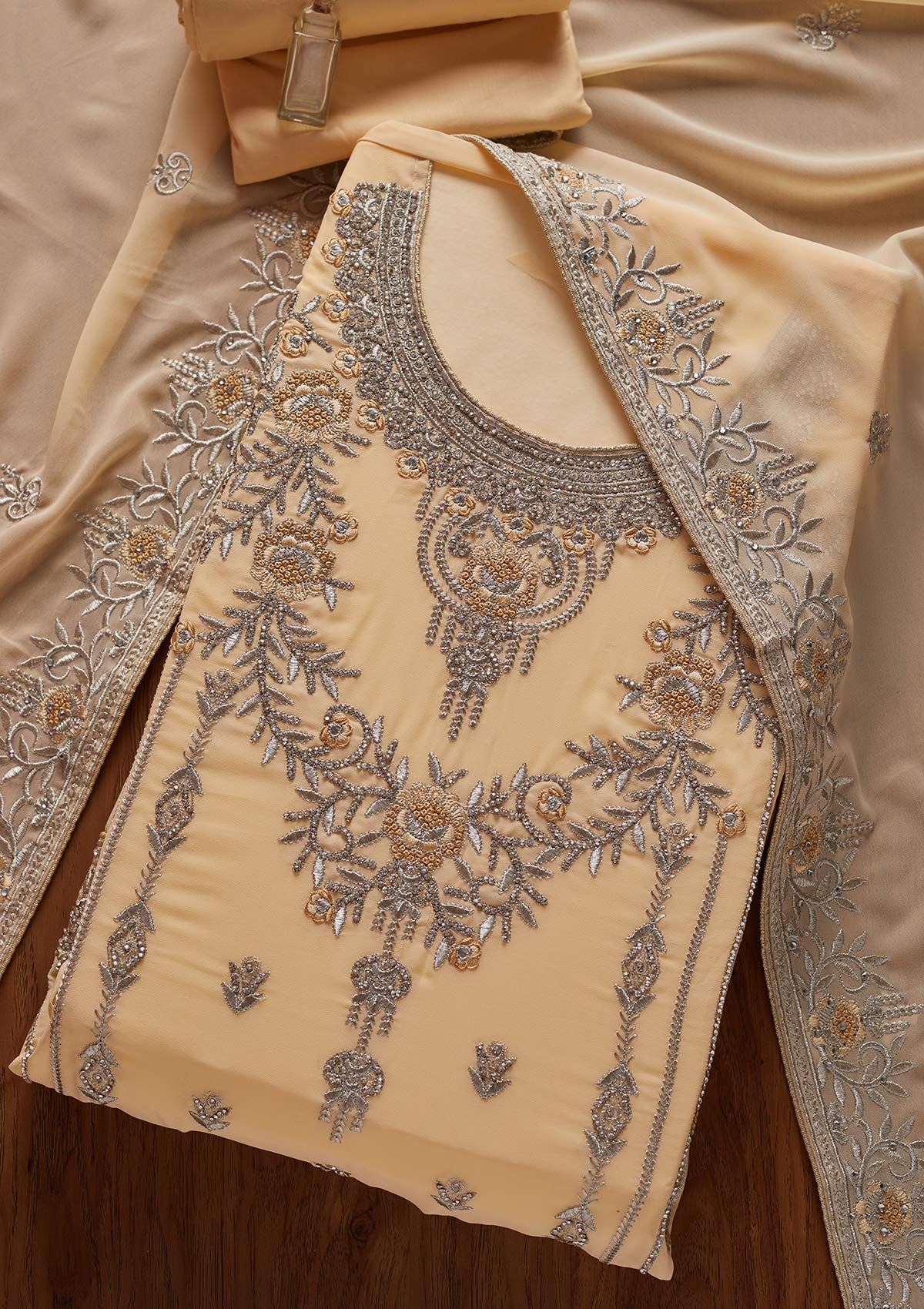 Cream Silver Stonework Georgette Designer Unstitched Salwar Suit - koskii