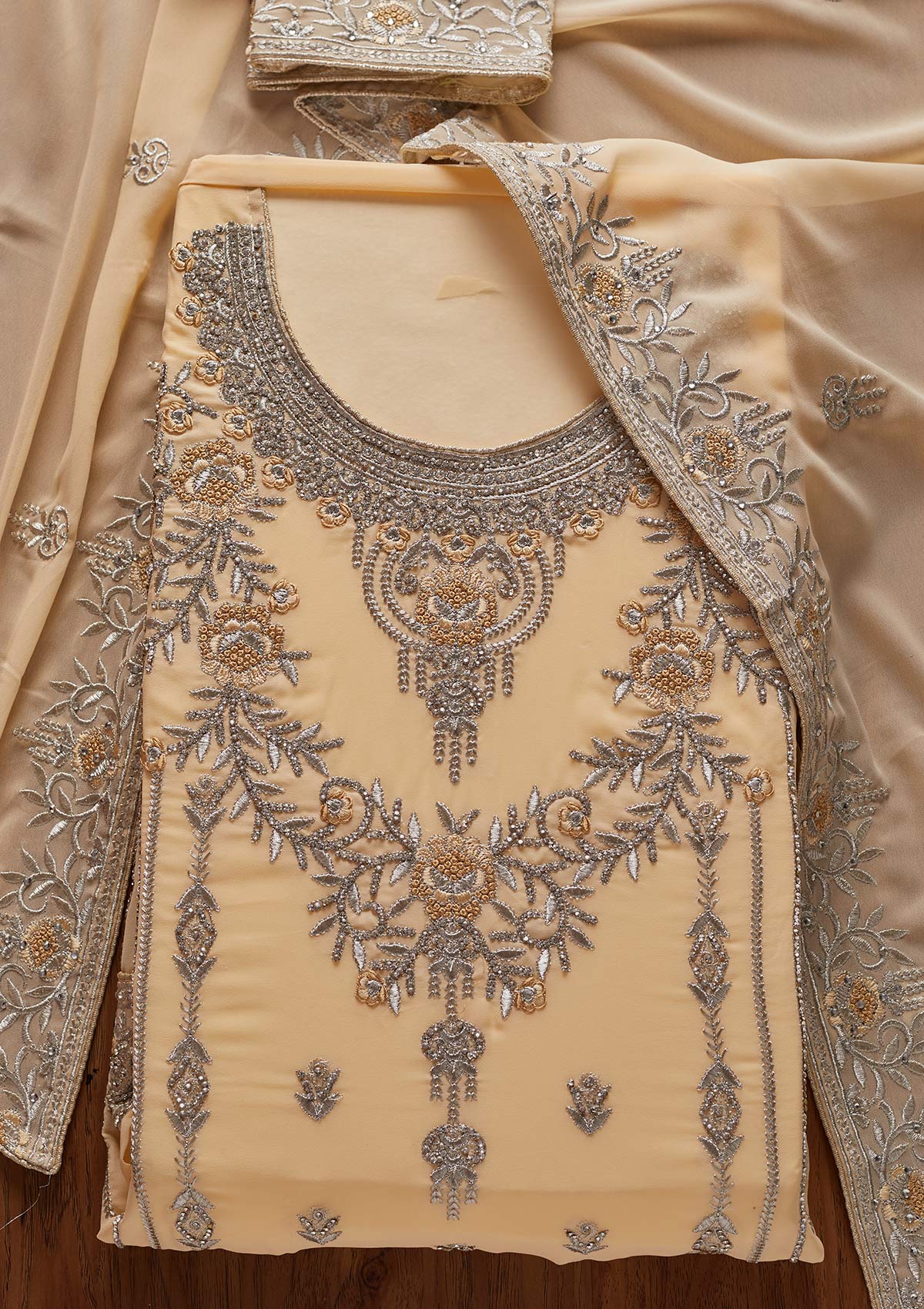 Cream Silver Stonework Georgette Designer Unstitched Salwar Suit - koskii