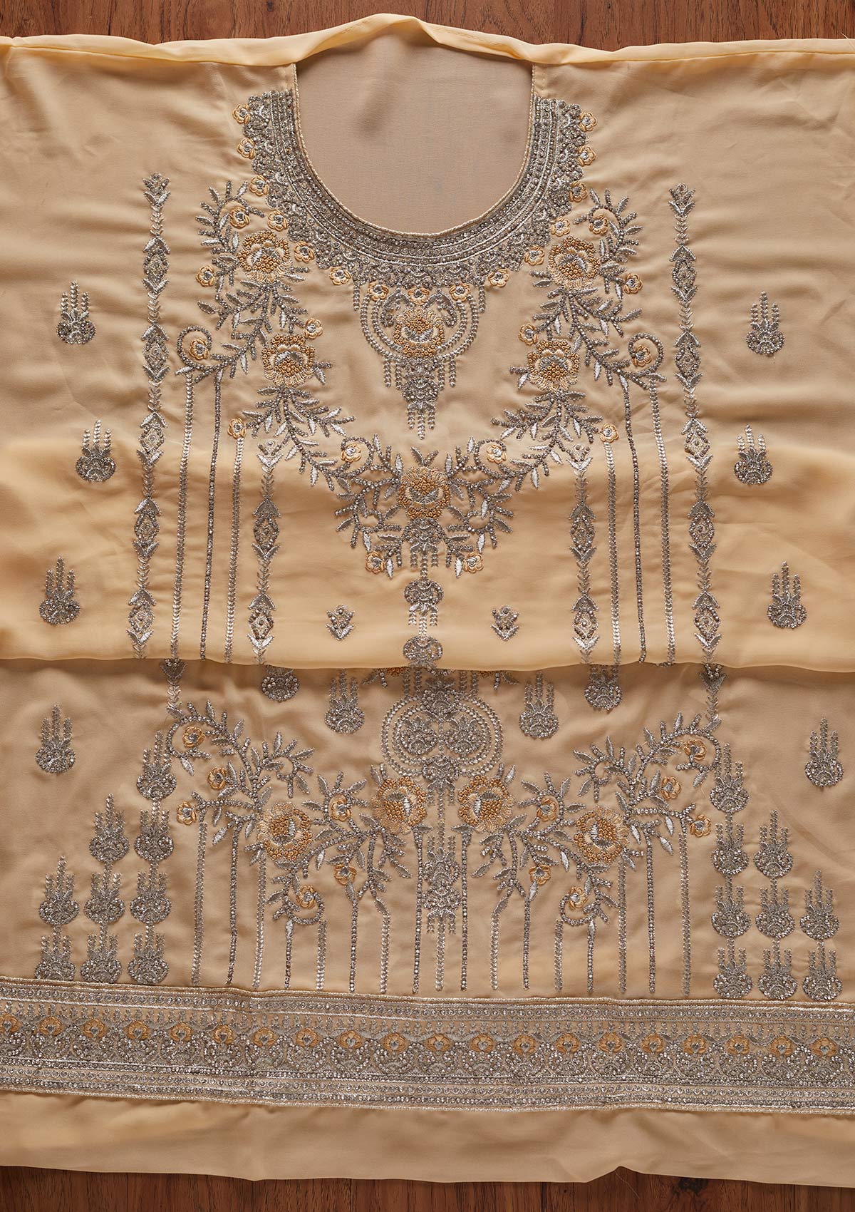 Cream Silver Stonework Georgette Designer Unstitched Salwar Suit - koskii