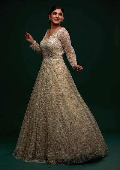 Cream Silver Stonework Net Designer Gown - Koskii